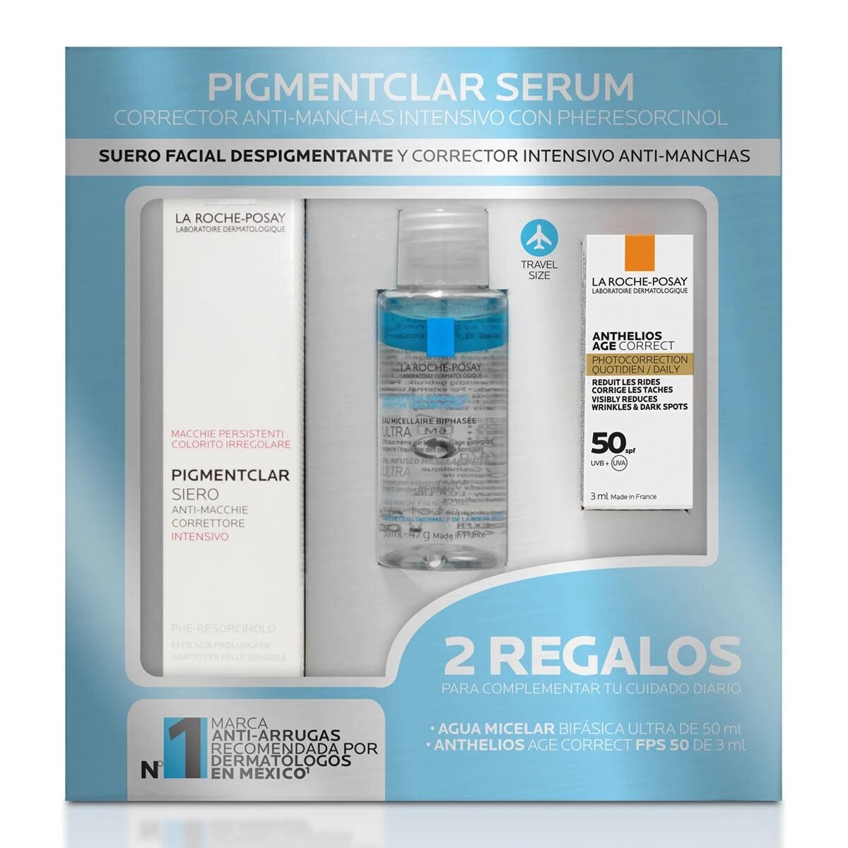 Pack LRP Pigmentclar serum antimanchas 30ml + Anthelios bloqueador solar age correct 3ml + Agua micelar bifásica ultra 50ml
